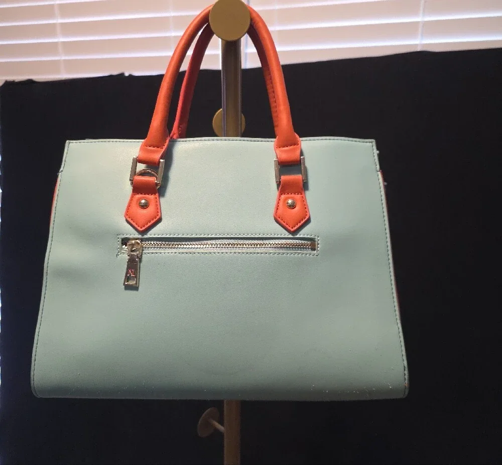 Nicole Lee Mint and Orange Floral Laser-Cut Satchel with Navy Trim
